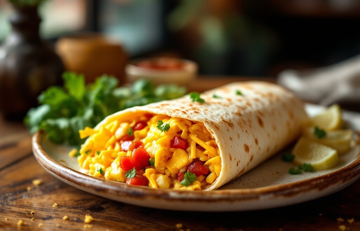 Breakfast burrito with scrambled eggs and salsa