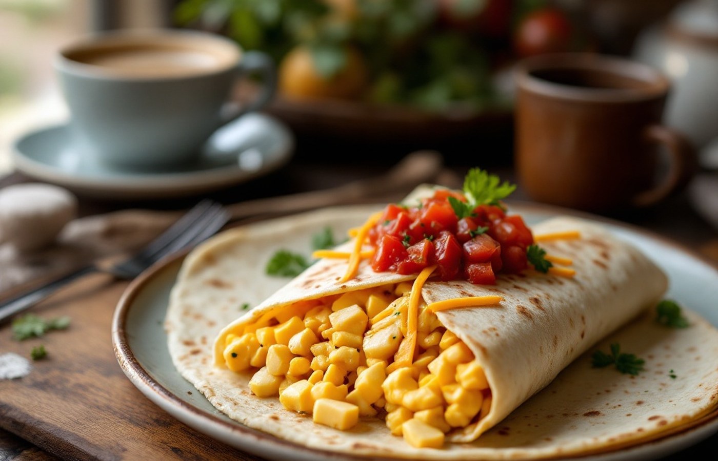Breakfast burrito and coffee at a countryside café