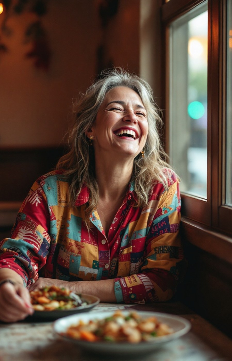 Zoe laughing at a restaurant table