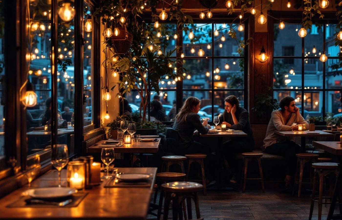 Cozy hidden neighborhood restaurant at dusk