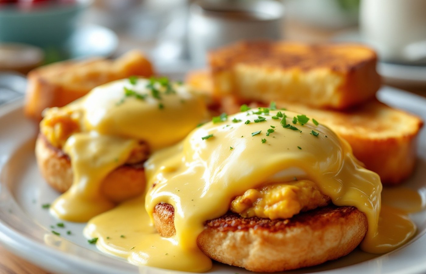 Eggs Benedict and French toast on a breakfast table