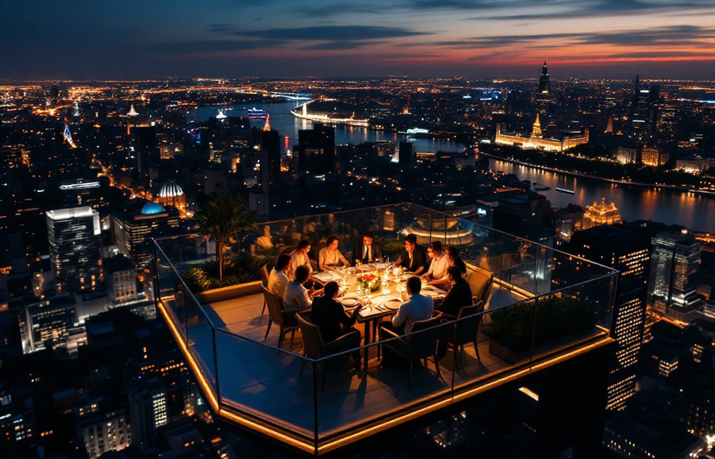 Dinner table suspended high above a lit-up city at dusk