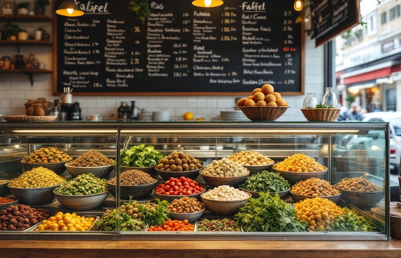 Falafel counter with fresh ingredients behind glass
