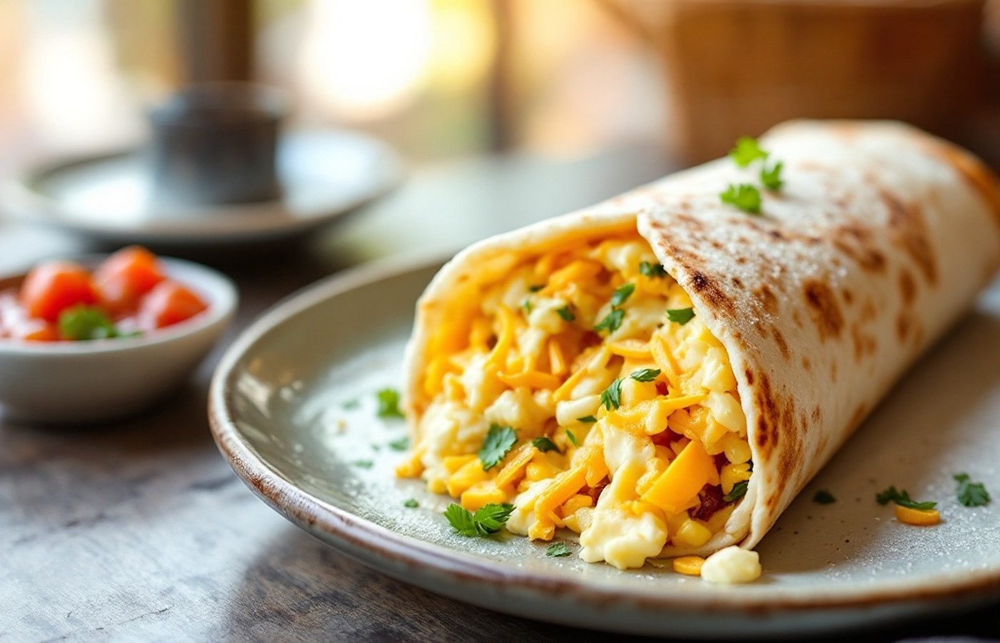 Breakfast burrito with scrambled eggs and salsa