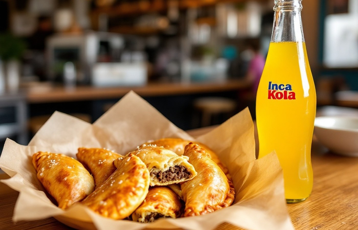 Empanadas and a bottle of Inca Kola on brown paper