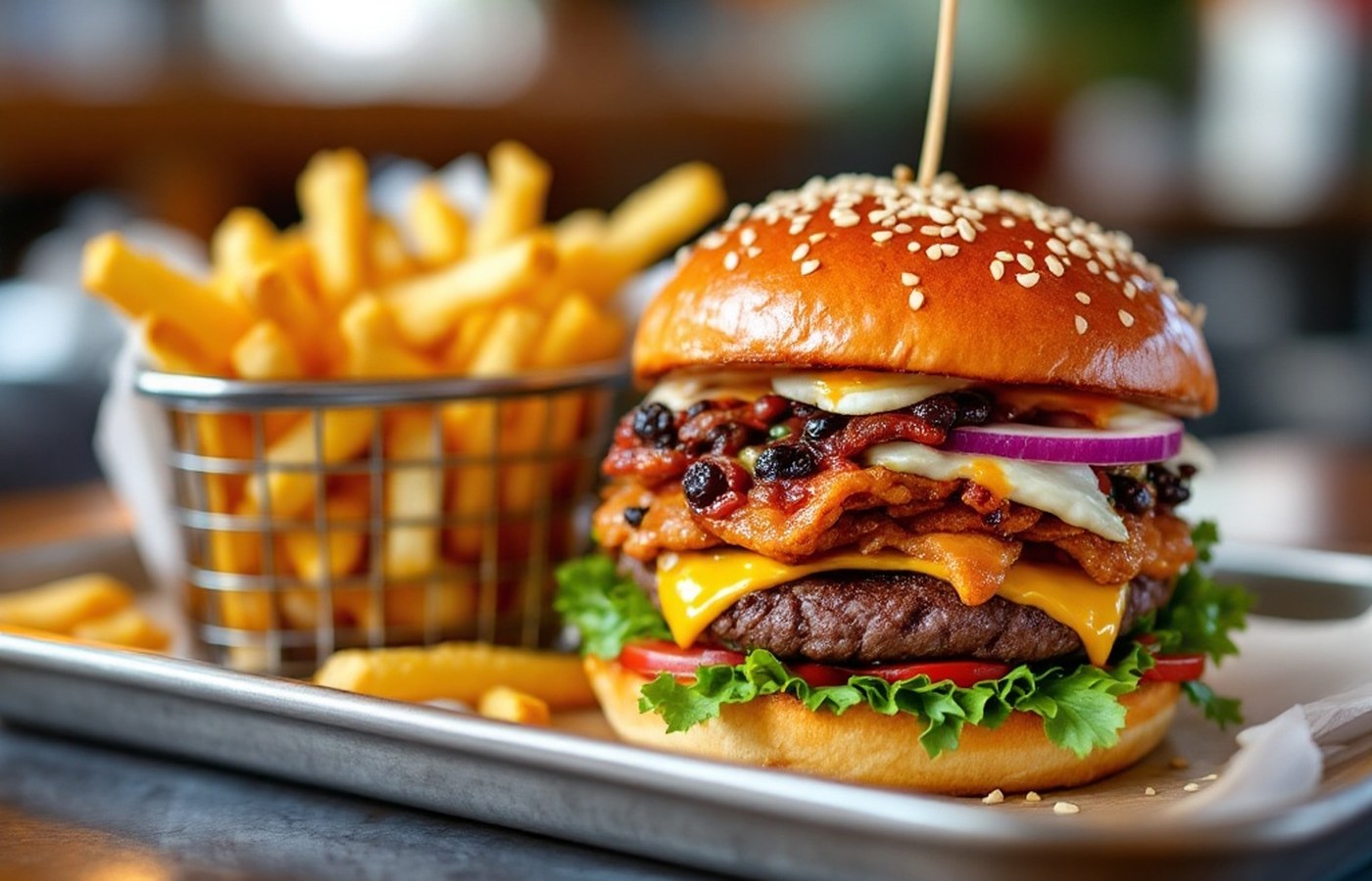 Creative gourmet burger with fries