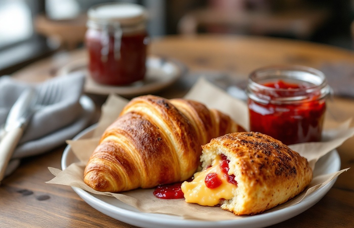 Grilled croissant and cheese scone with strawberry jam