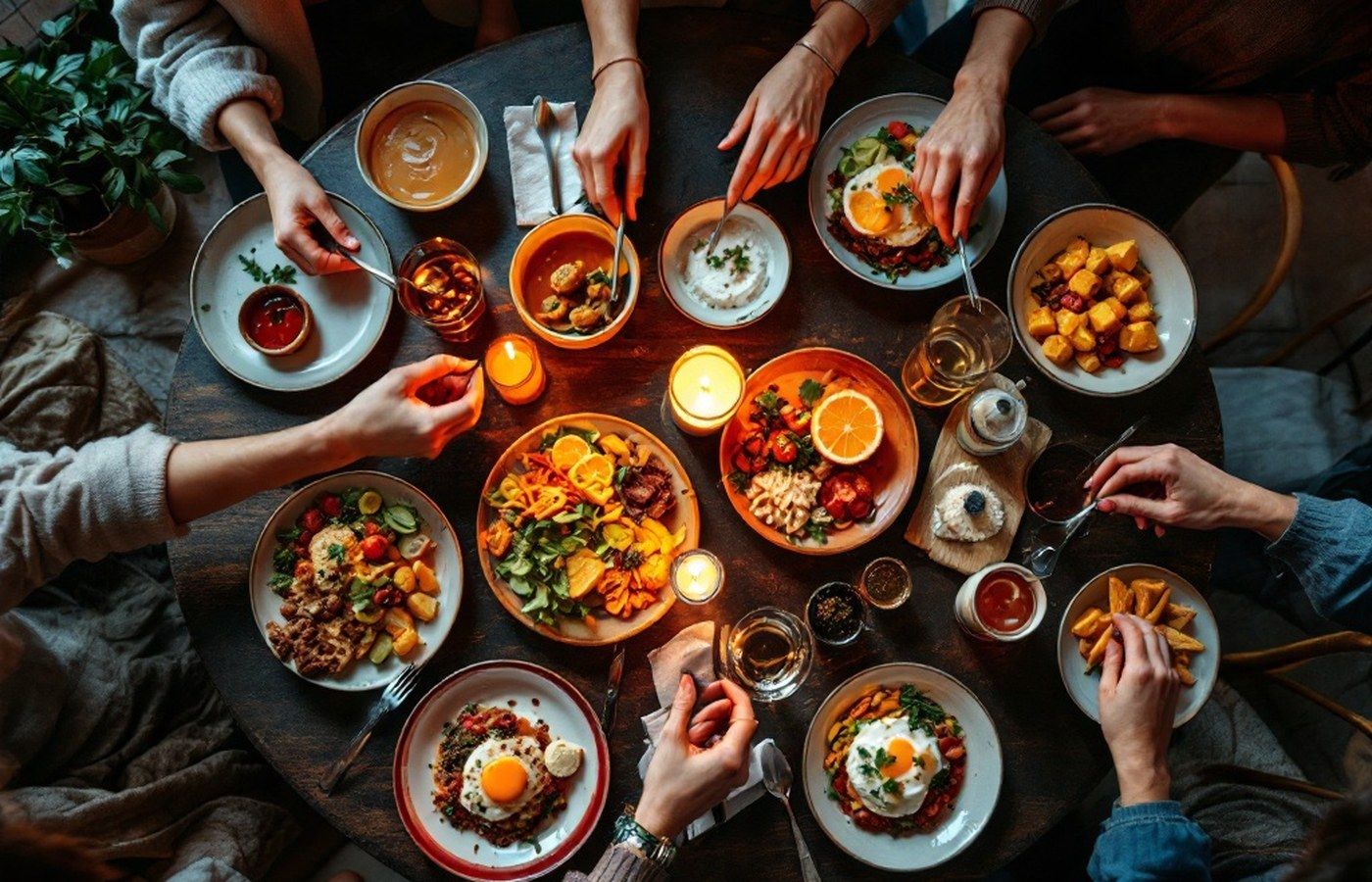 Friends sharing plates around a candlelit restaurant table