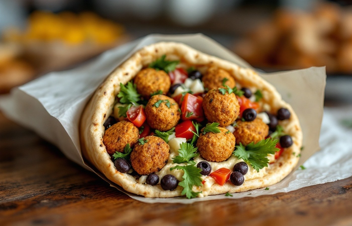 Pita stuffed with falafel, hummus and salad