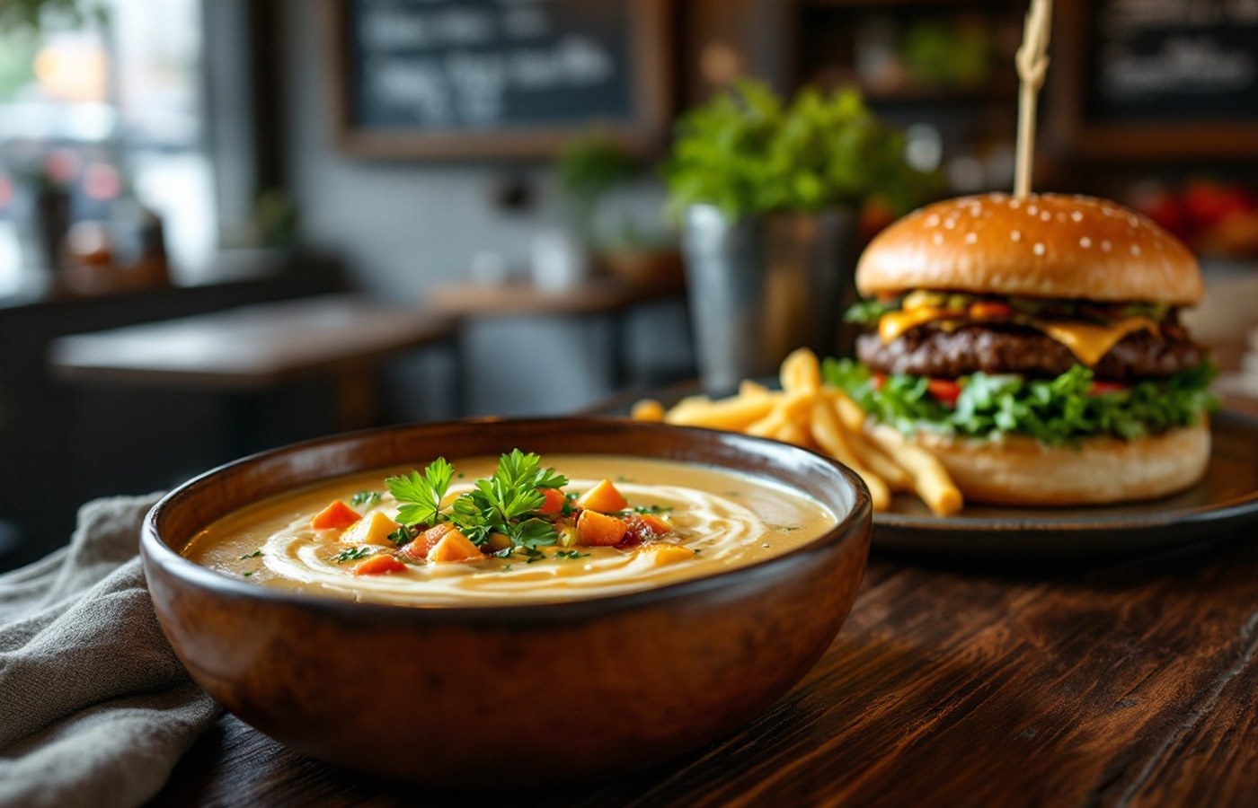 Soup and a burger at a casual restaurant counter