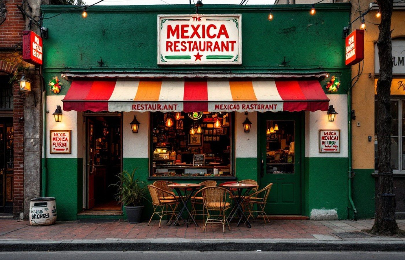 Mexican restaurant exterior painted in flag colors