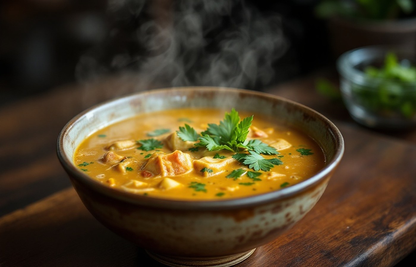 Creamy Vietnamese curry soup in a ceramic bowl
