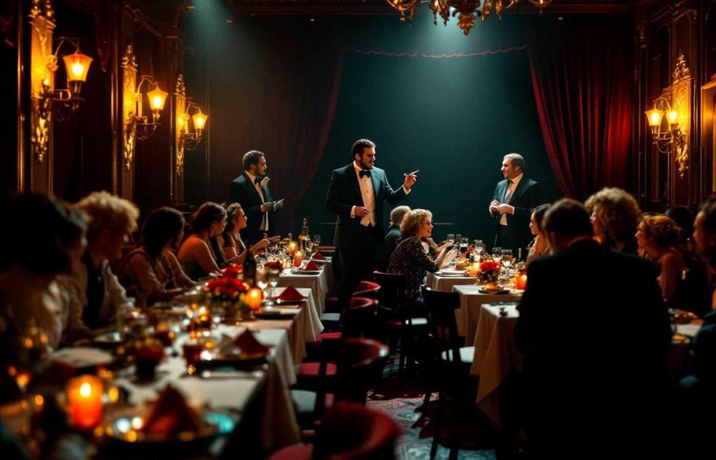 Actors performing between dining tables at a dinner theatre