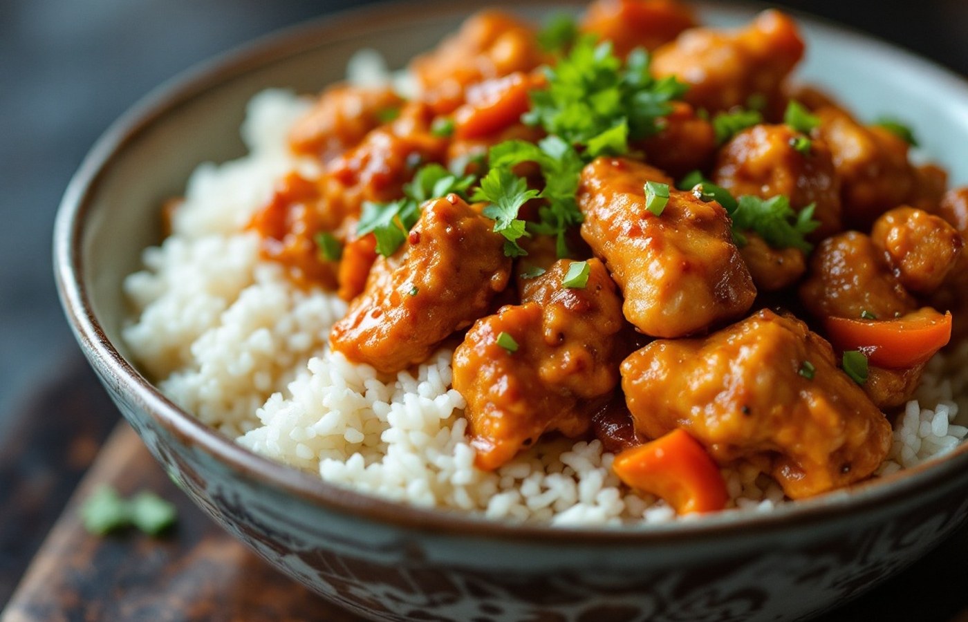 Vegan General Tao chicken over rice